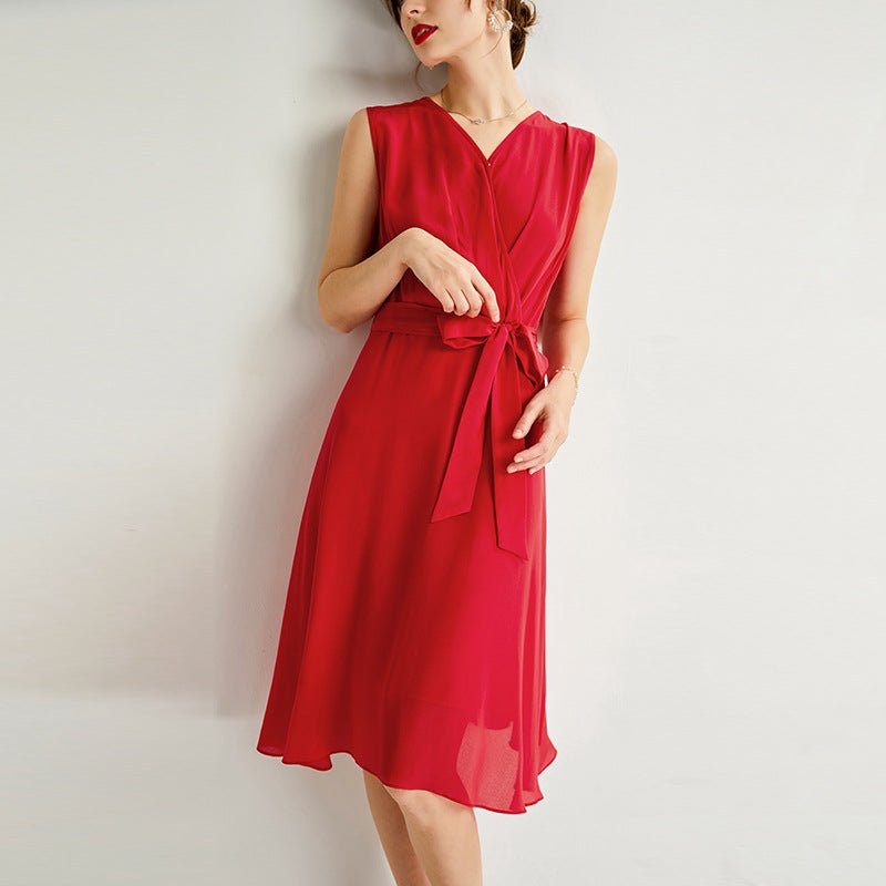Womens Sleeveless Silk Wrap Midi Dress Flowing Hem Silk Dress Red XS
