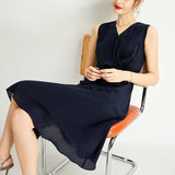 Womens Sleeveless Silk Wrap Midi Dress Flowing Hem Silk Dress Navy Blue XS