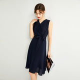 Womens Sleeveless Silk Wrap Midi Dress Flowing Hem Silk Dress Navy Blue XS
