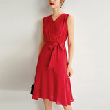 Womens Sleeveless Silk Wrap Midi Dress Flowing Hem Silk Dress Red XS
