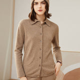 Womens Classic Button - Up Lapel Neck Cashmere Cardigan Ribbed Cuffs