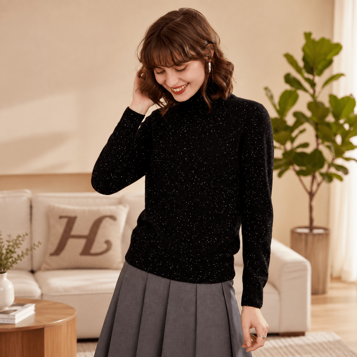 Womens Speckled Cashmere Sweater Long Sleeve Turtleneck Cashmere Pullover Black XS