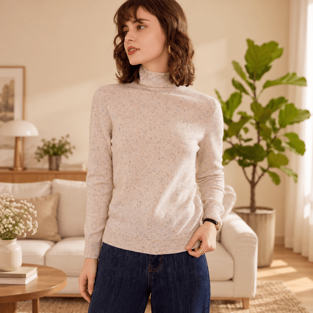 Womens Speckled Cashmere Sweater Long Sleeve Turtleneck Cashmere Pullover Ivory XS