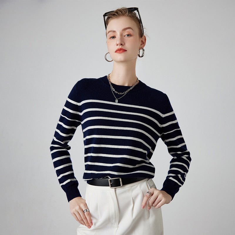 Womens Striped Cashmere Sweater Crew Neck Cashmere Jumper Pullover