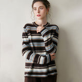 Womens Striped Cashmere Sweater Crew Neck Cashmere Pullover Coffee XS
