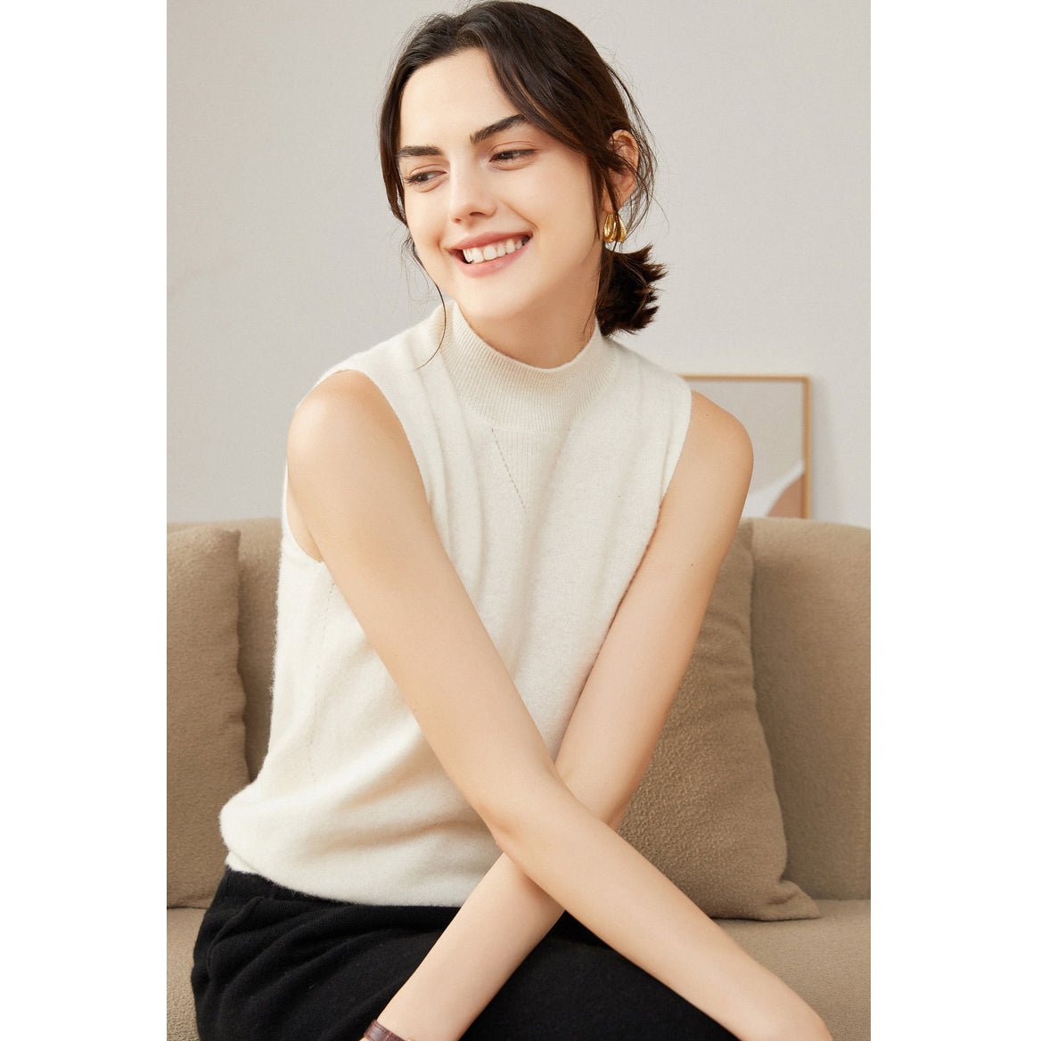 Womens Cashmere Sleeveless Mock Neck Sweater Cashmere Tank