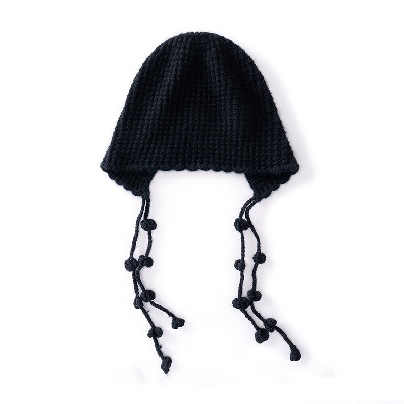 Womens Tassel Tie Cashmere Knit Hat Cashmere Beanie Dangling Ties