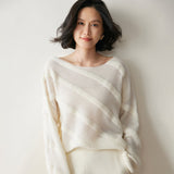 Womens Textured Cashmere Knit Sweater Crew Neck Long Sleeve Cashmere Pullover Ivory XS