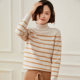Womens Turtleneck Cashmere Sweater Striped Cashmere Knit Pullover Ivory XS