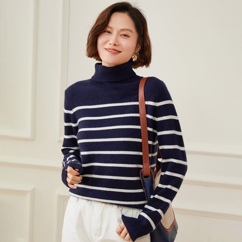 Womens Turtleneck Cashmere Sweater Striped Cashmere Knit Pullover Navy Blue XS