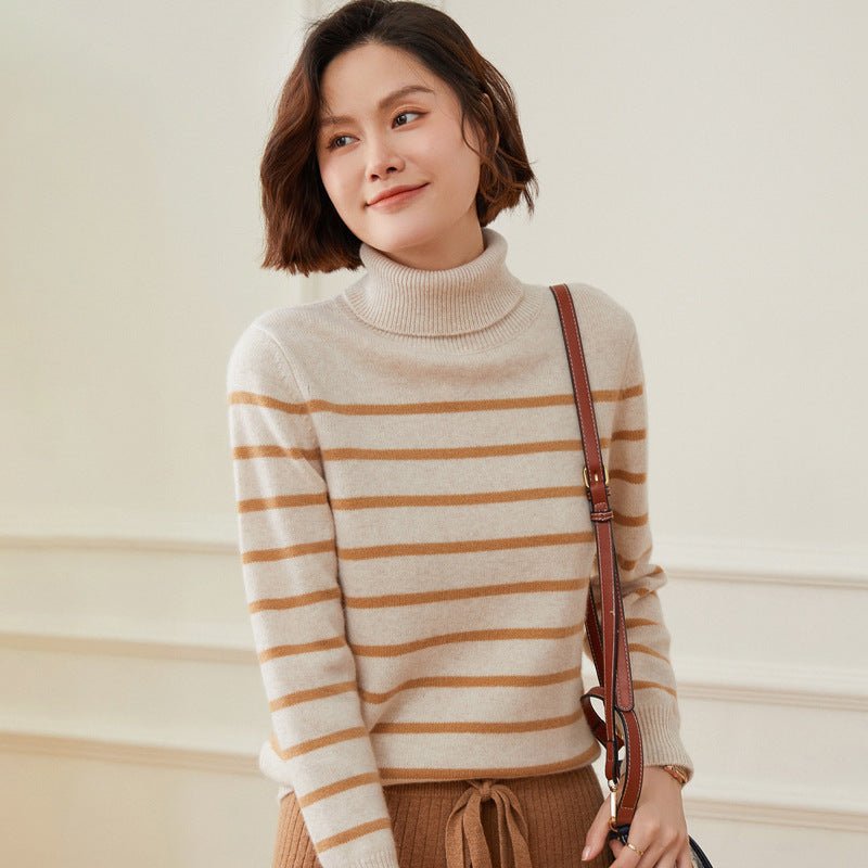 Womens Turtleneck Cashmere Sweater Striped Cashmere Knit Pullover Soft Beige XS