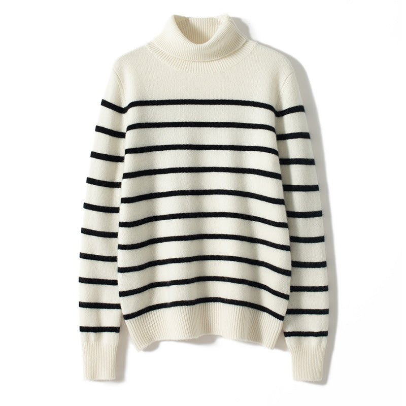 Womens Turtleneck Cashmere Sweater Striped Cashmere Knit Pullover Ivory XS