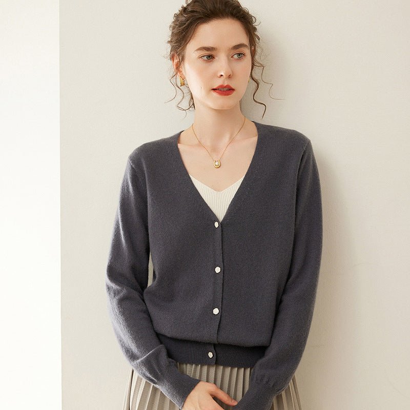 Womens V-Neck Cashmere Cardigan Button Front Cashmere Sweater Gray XS