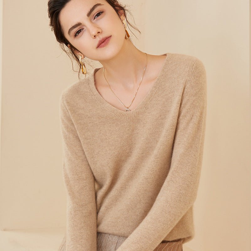 Womens V - Neck Cashmere Sweater Long Sleeve Warm Cashmere Sweater