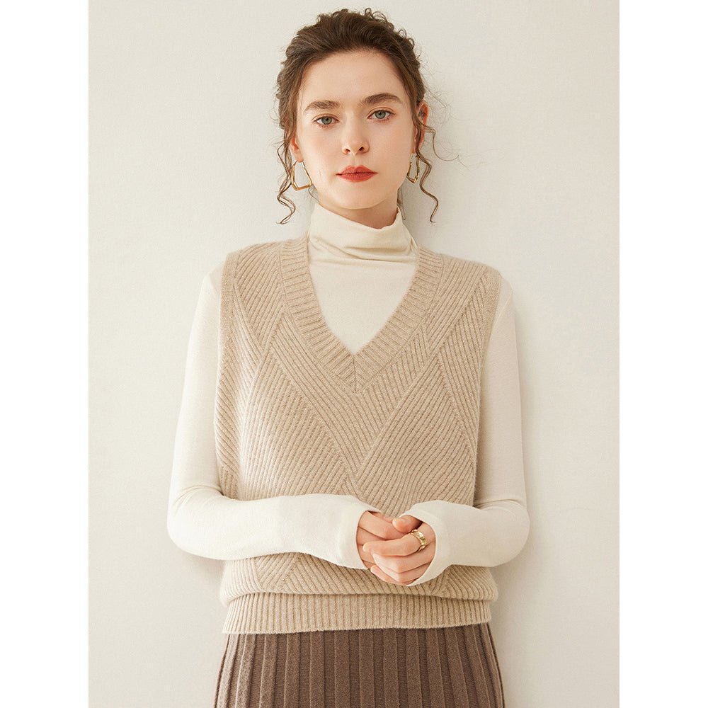 Womens V Neck Ribbed Cashmere Sweater Vest Textured Cashmere Knit Pullover Camel XS