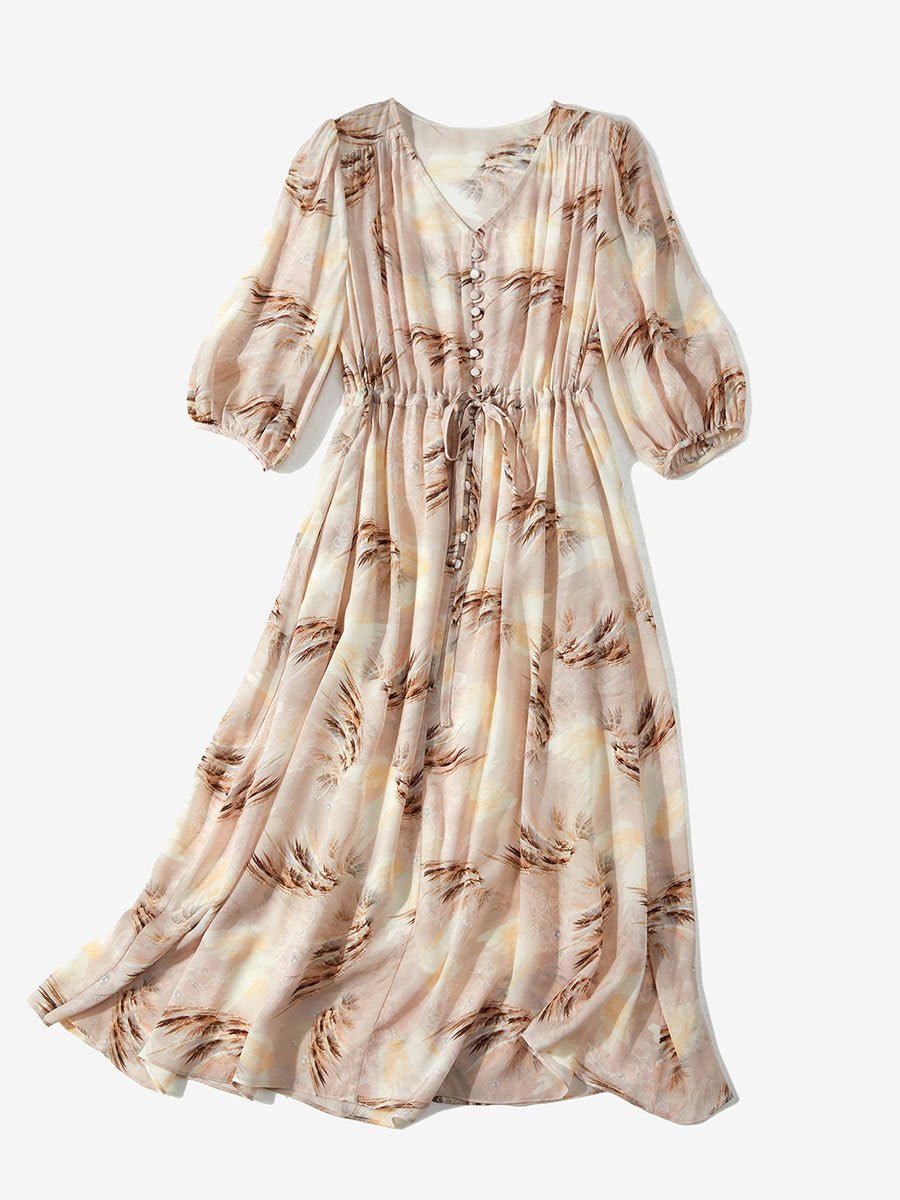 Womens V Neck Silk Floral Dress Half Sleeve Silk Midi Dress Floral XS