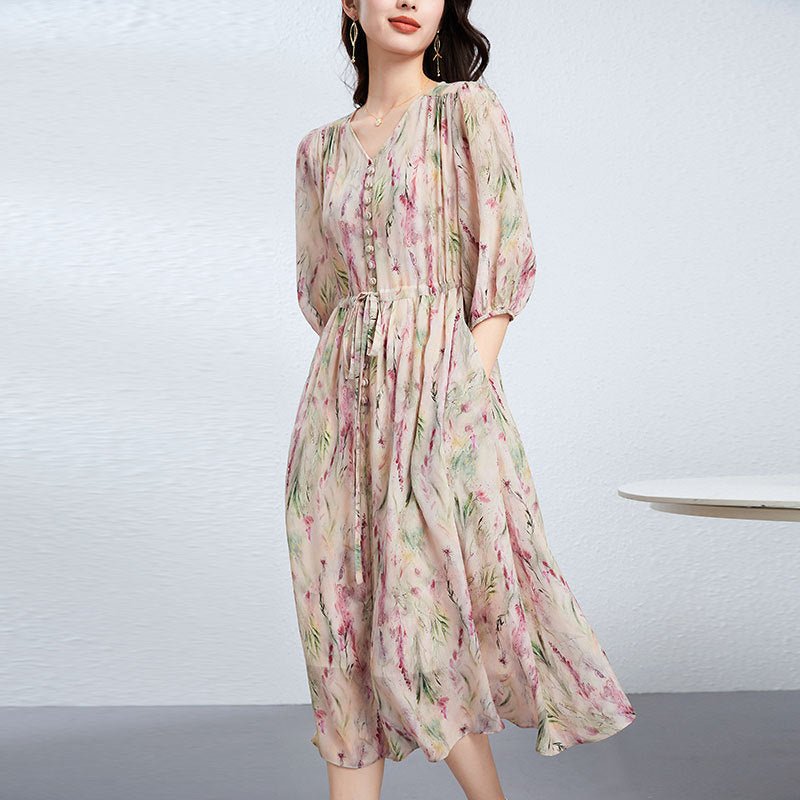 Womens V Neck Silk Floral Dress Half Sleeve Silk Midi Dress Floral XS