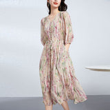 Womens V Neck Silk Floral Dress Half Sleeve Silk Midi Dress Floral XS