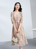 Womens V Neck Silk Floral Dress Half Sleeve Silk Midi Dress Floral XS