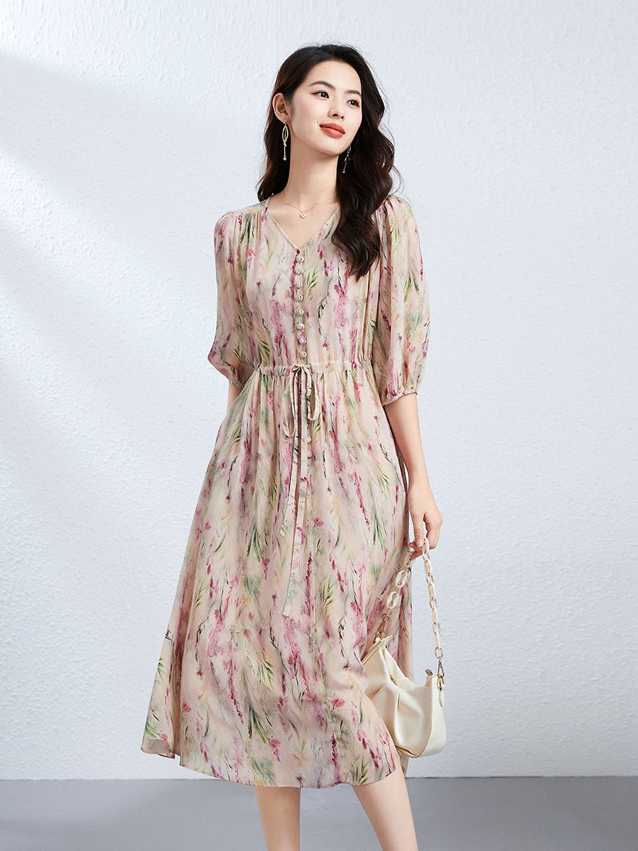 Womens V Neck Silk Floral Dress Half Sleeve Silk Midi Dress Floral XS