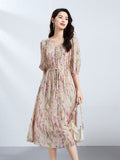 Womens V Neck Silk Floral Dress Half Sleeve Silk Midi Dress Floral XS