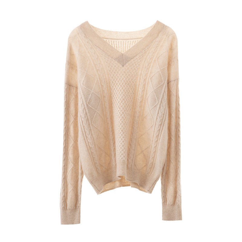 Womens V Necked Cashmere Pullover Cable - Knitted Cashmere Sweater