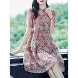 Womens Vintage Inspired Silk Floral Midi Dress Pink Silk Dress Pink XS