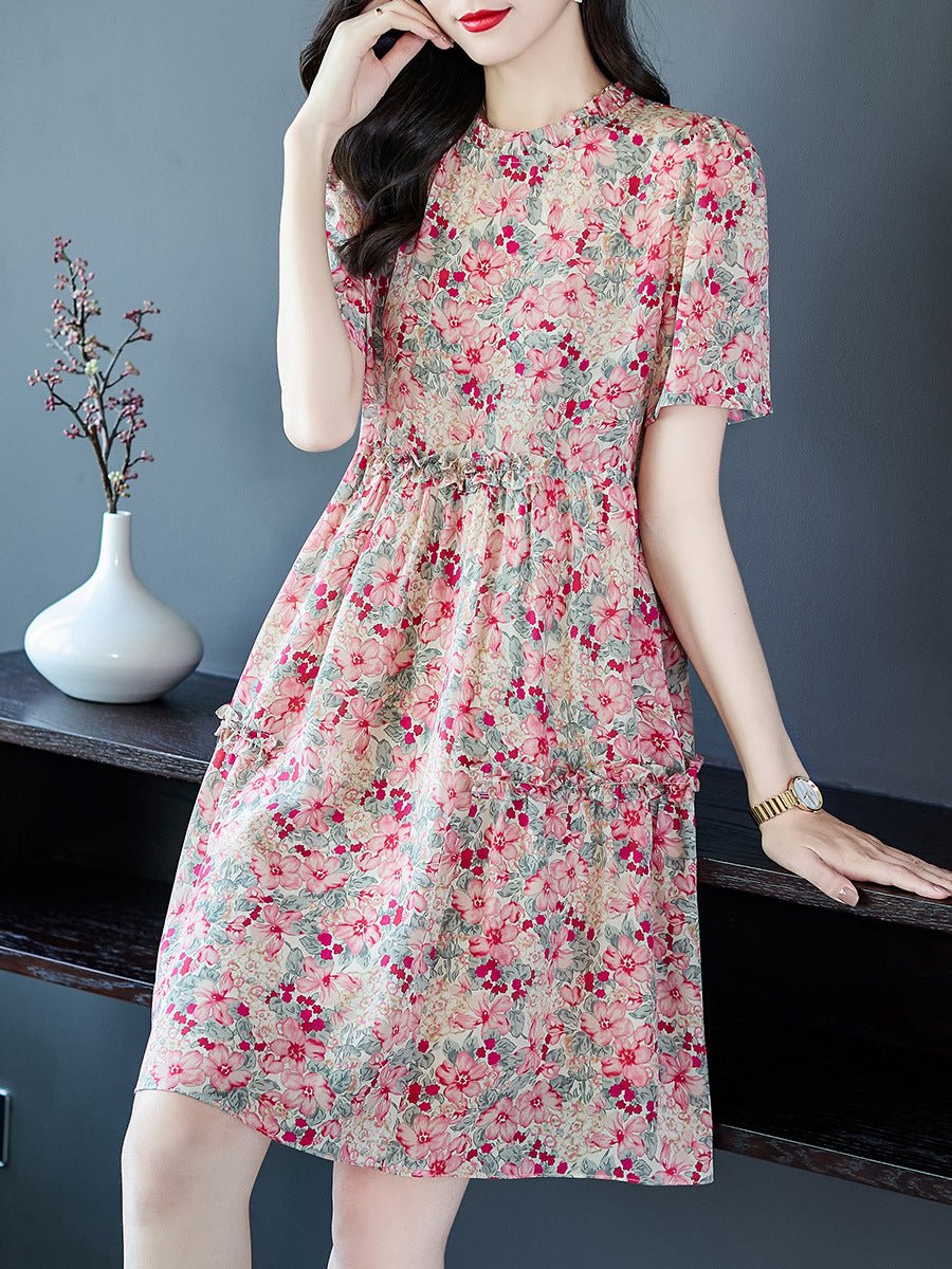 Womens Vintage Inspired Silk Floral Midi Dress Pink Silk Dress Pink XS