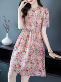 Womens Vintage Inspired Silk Floral Midi Dress Pink Silk Dress Pink XS