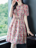 Womens Vintage Inspired Silk Floral Midi Dress Pink Silk Dress Pink XS