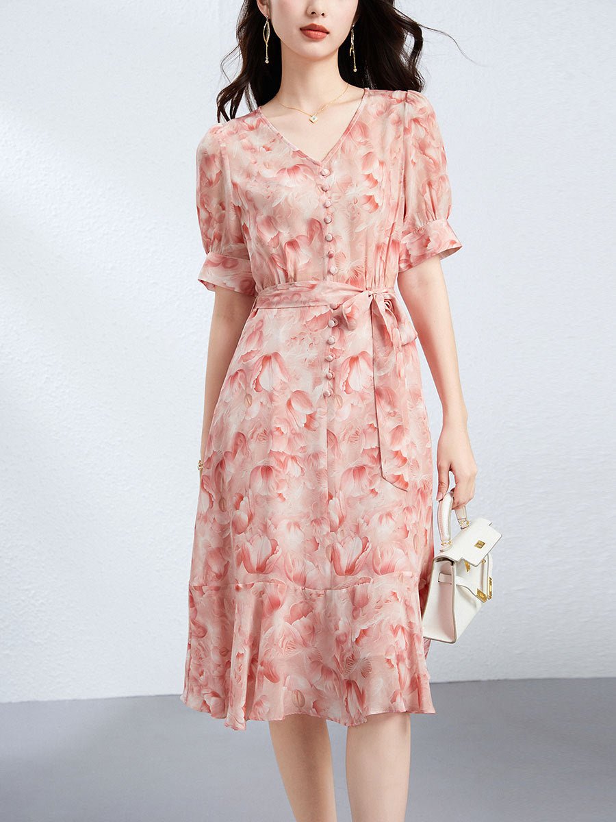 Womens Watercolor Print Silk Dress Ruffle Hem V Neck Silk Midi Dress with Waist Tie Pink XS