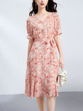Womens Watercolor Print Silk Dress Ruffle Hem V Neck Silk Midi Dress with Waist Tie Pink XS