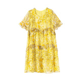 Womens Yellow Ruffled Silk Dress Watercolor Floral Short Silk Dress Yellow XS