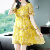 Womens Yellow Ruffled Silk Dress Watercolor Floral Short Silk Dress Yellow XS