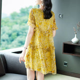 Womens Yellow Ruffled Silk Dress Watercolor Floral Short Silk Dress Yellow XS