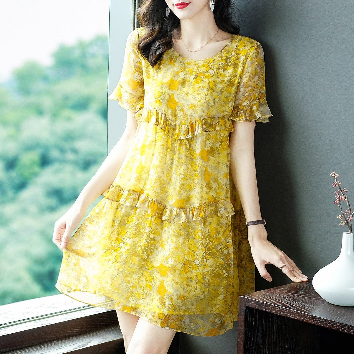 Womens Yellow Ruffled Silk Dress Watercolor Floral Short Silk Dress Yellow XS