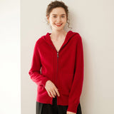 Womens Zip Up Cashmere Hoodie Cashmere Cardigan Long Sleeve Knit Sweater Red XS