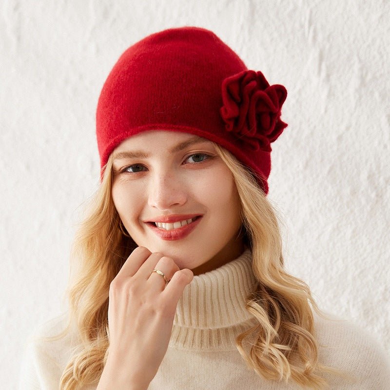 100% Cashmere Beanie with Handmade Crochet Flower for Women Elegant Cashmere Hats - slipintosoft