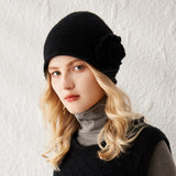 100% Cashmere Beanie with Handmade Crochet Flower for Women Elegant Cashmere Hats - slipintosoft