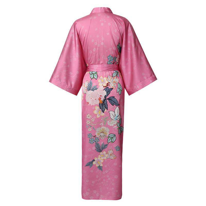 Luxury Long Silk Kimono Robe Hand Painted Cherry Blossom and Leaves - slipintosoft