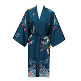 Ladies Short 100% Silk Kimono Robe Crane Printing Women Nightwear Spa Bathrobe - slipintosoft