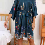 100% mulberry short crane and dragon print pure silk kimono robes - slipintosoft