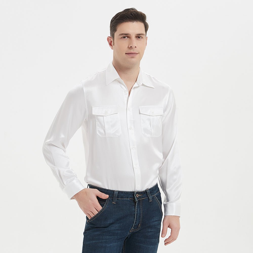 100% Mulberry Silk Shirt för män Siden långärmad topp