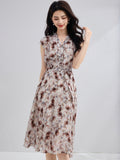 100% Silk Floral Dress for Women V Neck Belted Silk Midi Dress Summer Dress Ivory XS