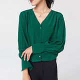 Elegant sidenblus för kvinnor långärmad V-hals sidenskjorta