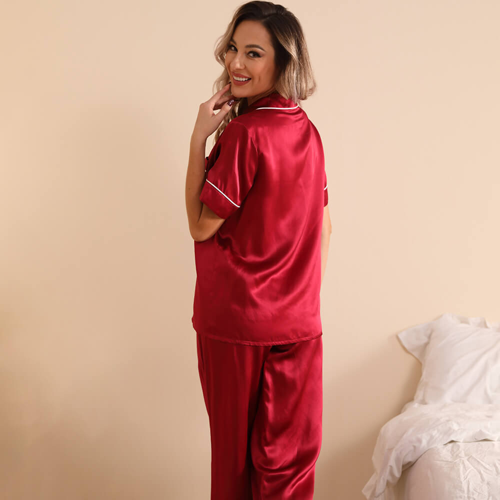 Klassisk silke tvådelad pyjamasset för kvinnor lyxiga silke nattkläder