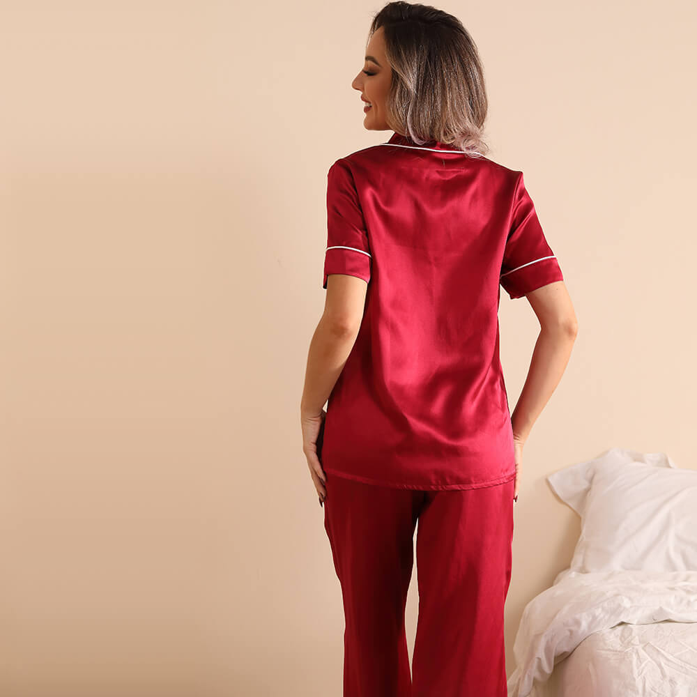 Klassisk silke tvådelad pyjamasset för kvinnor lyxiga silke nattkläder