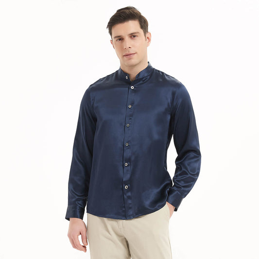 22 Momme lyxig sidenskjorta för män med långärmad tröja med ståkrage