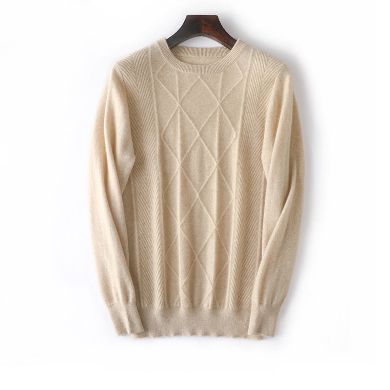 Mens diamantmönster Pure Cashmere Sweater Crew Neck Topps Ribbed Hem
