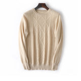 Mens diamantmönster Pure Cashmere Sweater Crew Neck Topps Ribbed Hem